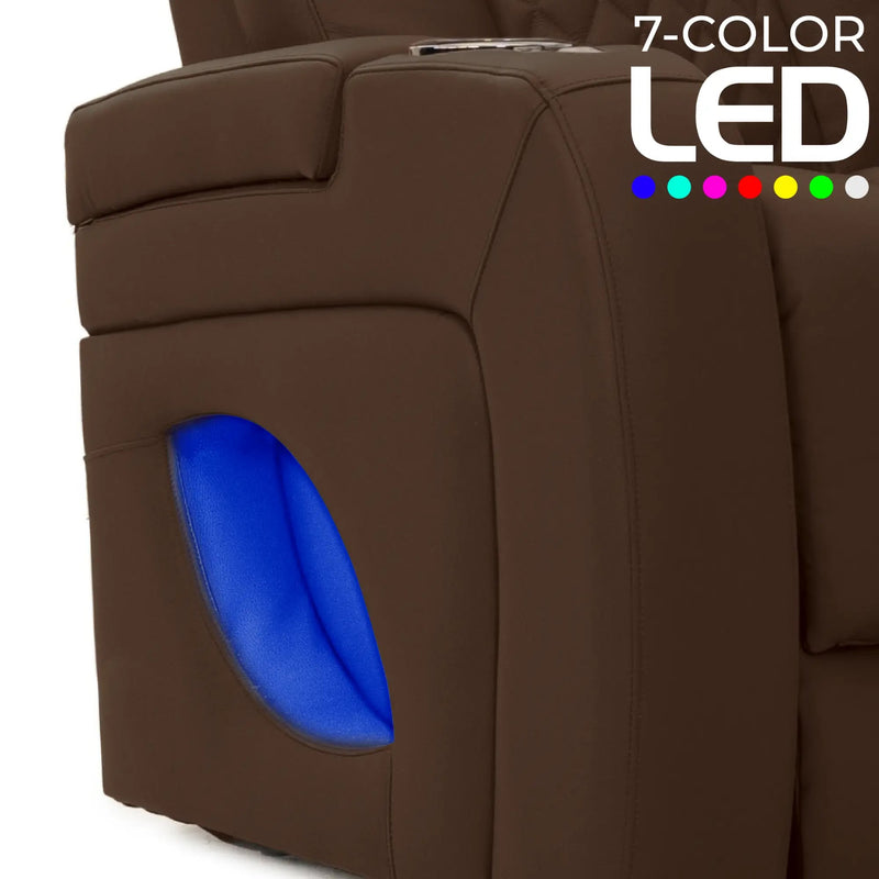 Virtuoso 365 HeatZeroᵀᴹ Leather Media Room Loveseat in Chestnut - 7-Color LED Armrest Accent