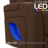 Virtuoso 365 HeatZeroᵀᴹ Leather Media Room Loveseat in Chestnut - 7-Color LED Armrest Accent