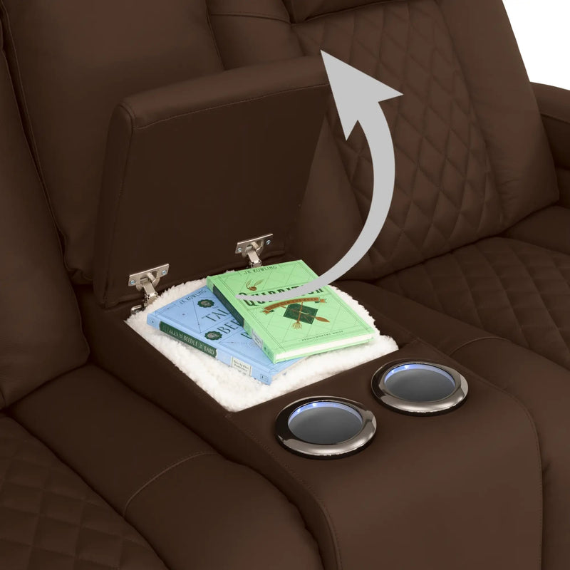 Virtuoso 365 HeatZeroᵀᴹ Leather Media Room Loveseat in Chestnut - Storage Console