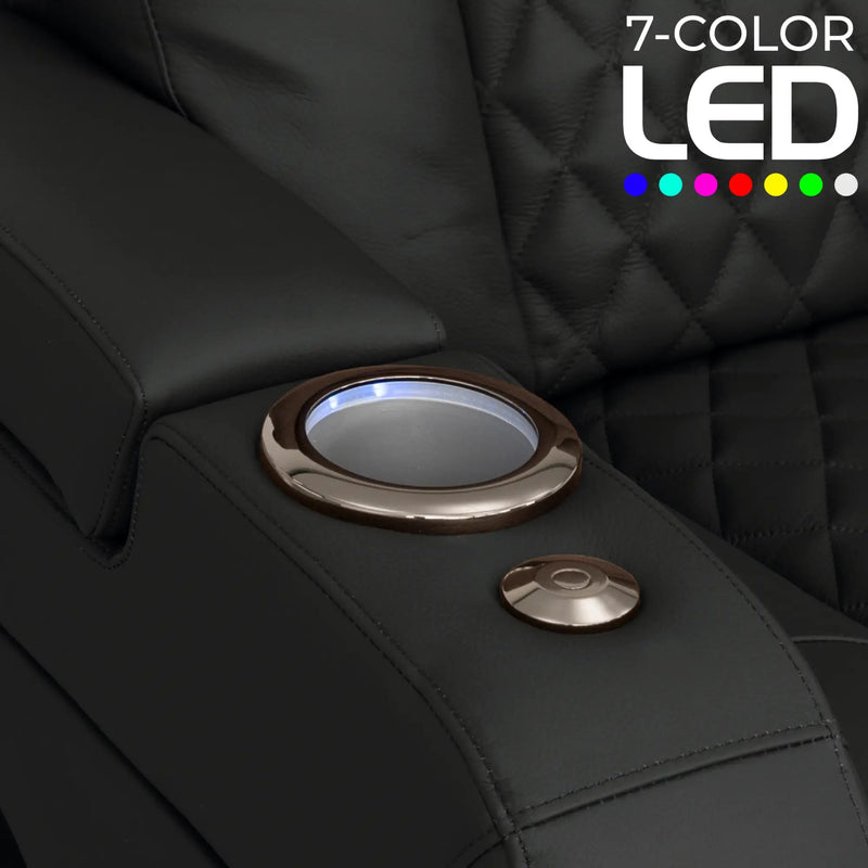 Virtuoso 365 HeatZeroᵀᴹ Leather Media Room Loveseat in Ebony - 7-Color LED Cupholders