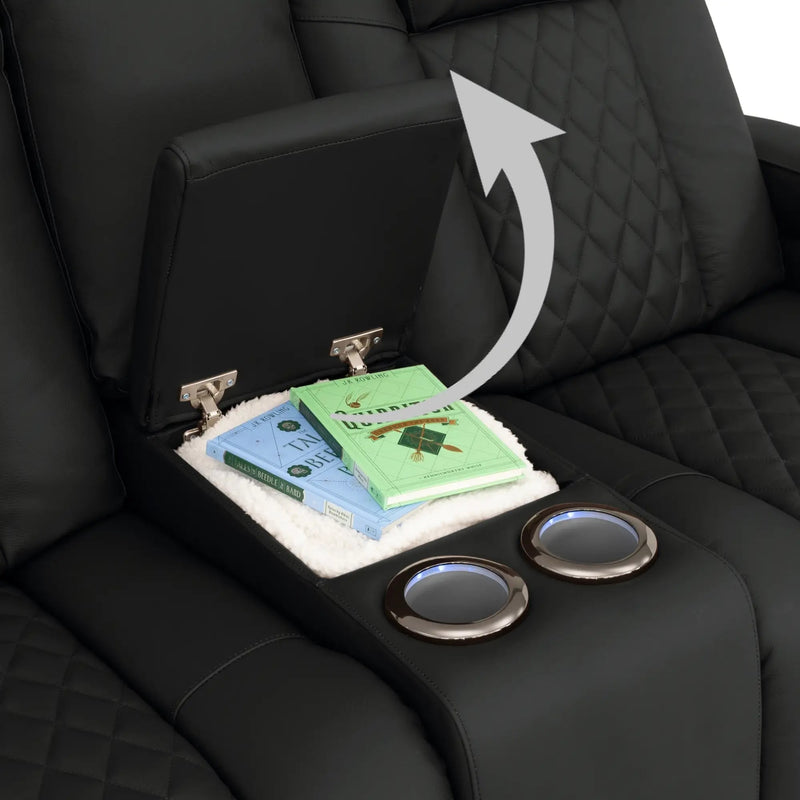 Virtuoso 365 HeatZeroᵀᴹ Leather Media Room Sofa & Loveseat in Ebony - Storage Console