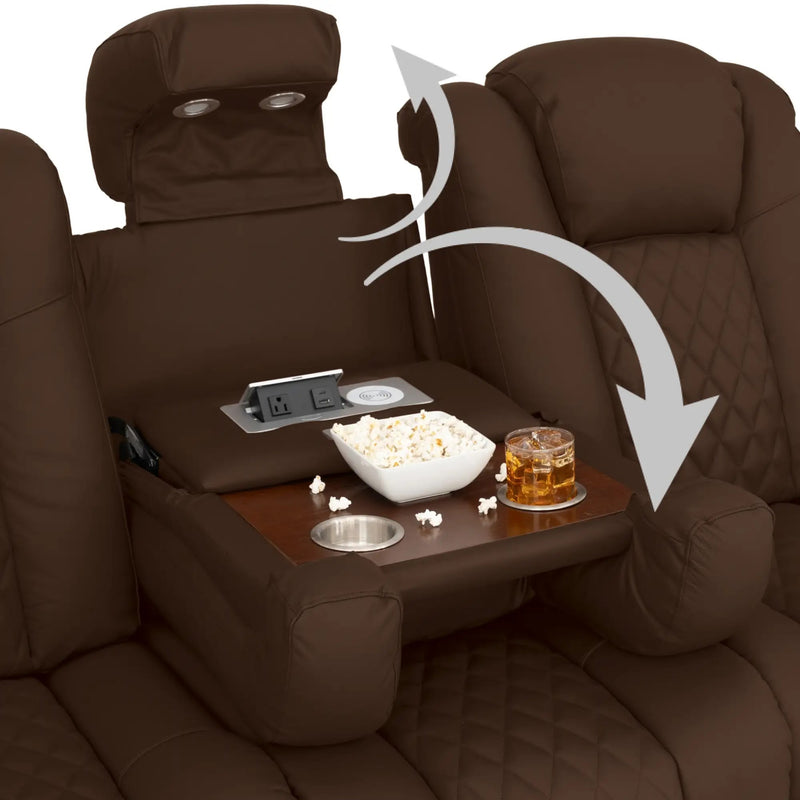 Virtuoso 365 HeatZeroᵀᴹ Leather Media Room Sofa in Chestnut - Fold-Down Table
