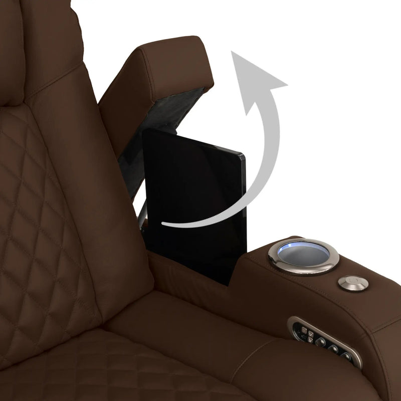 Virtuoso 365 HeatZeroᵀᴹ Leather Media Room Sofa in Chestnut - Hidden In-Arm Storage