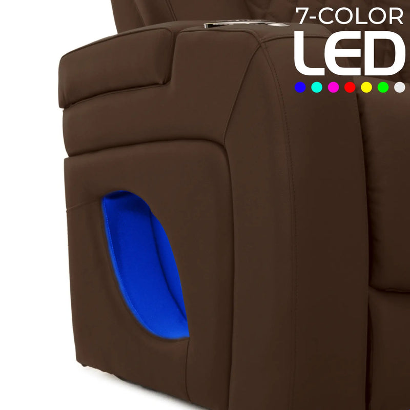 Virtuoso 365 HeatZeroᵀᴹ Leather Media Room Sofa in Chestnut - 7-Color LED Armrest Accent
