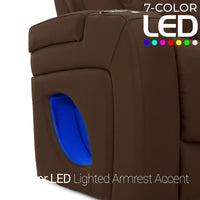 Virtuoso 365 HeatZeroᵀᴹ Leather Media Room Sofa in Chestnut - 7-Color LED Armrest Accent