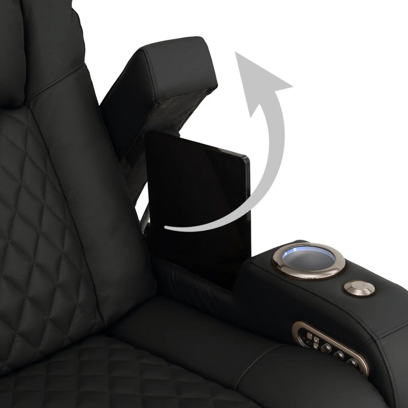Virtuoso 365 HeatZeroᵀᴹ Leather Media Room Sofa in Ebony - Hidden In-Arm Storage