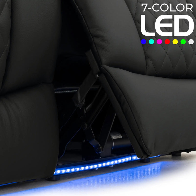 Virtuoso 365 HeatZeroᵀᴹ Leather Media Room Sofa in Ebony - 7-Color LED Baselights