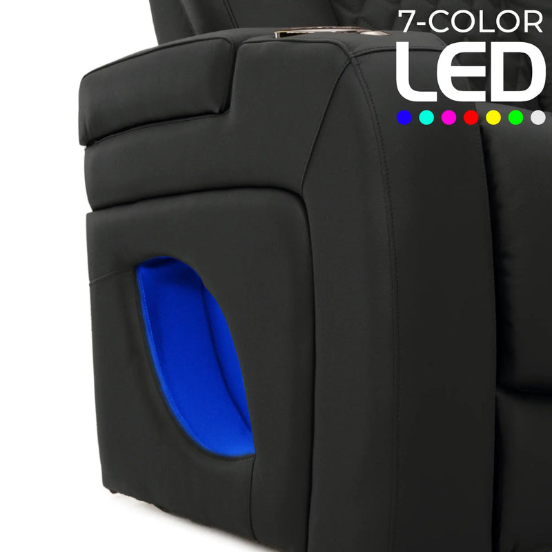 Virtuoso 365 HeatZeroᵀᴹ Leather Media Room Sofa in Ebony - 7-Color LED Armrest Accent