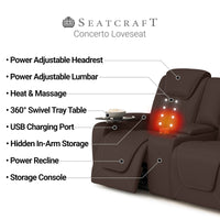 Seatcraft Concerto Heat & Massage Sofa & Loveseat, Italian Leather, Powered Headrest, Powered Lumbar, Power Recline