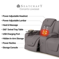 Seatcraft Concerto Heat & Massage Loveseat, Italian Leather, Powered Headrest, Powered Lumbar, Power Recline