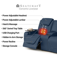 Seatcraft Concerto Heat & Massage Loveseat, Italian Leather, Powered Headrest, Powered Lumbar, Power Recline