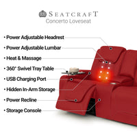 Seatcraft Concerto Heat & Massage Loveseat, Italian Leather, Powered Headrest, Powered Lumbar, Power Recline