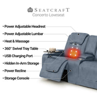 Seatcraft Concerto Heat & Massage Sofa & Loveseat, Italian Leather, Powered Headrest, Powered Lumbar, Power Recline