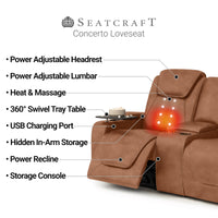 Seatcraft Concerto Heat & Massage Sofa & Loveseat, Italian Leather, Powered Headrest, Powered Lumbar, Power Recline
