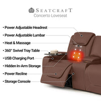 Seatcraft Concerto Heat & Massage Loveseat, Italian Leather, Powered Headrest, Powered Lumbar, Power Recline