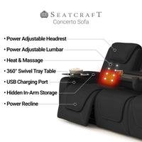 Seatcraft Concerto Heat & Massage Sofa, Italian Leather, Powered Headrest, Powered Lumbar, Power Recline