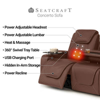 Seatcraft Concerto Heat & Massage Sofa, Italian Leather, Powered Headrest, Powered Lumbar, Power Recline