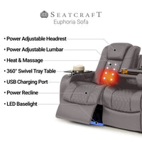 Seatcraft Euphoria Heat & Massage Sofa, Italian Leather, Powered Headrest, Powered Lumbar, Power Recline