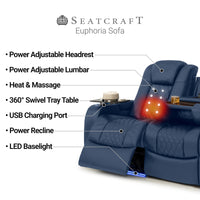 Seatcraft Euphoria Heat & Massage Sofa, Italian Leather, Powered Headrest, Powered Lumbar, Power Recline