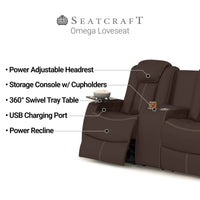Seatcraft Omega Sofa Leather Gel, Powered Headrest, Power Recline, Black or Brown