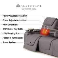 Seatcraft Concerto Heat & Massage Sofa, Italian Leather, Powered Headrest, Powered Lumbar, Power Recline