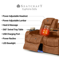 Seatcraft Euphoria Heat & Massage Sofa, Italian Leather, Powered Headrest, Powered Lumbar, Power Recline