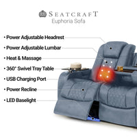 Seatcraft Euphoria Heat & Massage Sofa, Italian Leather, Powered Headrest, Powered Lumbar, Power Recline