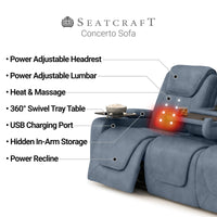Seatcraft Concerto Heat & Massage Sofa, Italian Leather, Powered Headrest, Powered Lumbar, Power Recline
