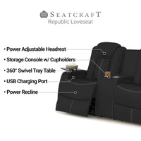 Seatcraft Republic Sofa Italian Leather, Powered Headrest, Power Recline