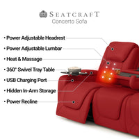 Seatcraft Concerto Heat & Massage Sofa, Italian Leather, Powered Headrest, Powered Lumbar, Power Recline