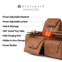 Seatcraft Concerto Heat & Massage Sofa, Italian Leather, Powered Headrest, Powered Lumbar, Power Recline