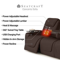 Seatcraft Concerto Heat & Massage Sofa, Italian Leather, Powered Headrest, Powered Lumbar, Power Recline