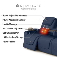 Seatcraft Concerto Heat & Massage Sofa, Italian Leather, Powered Headrest, Powered Lumbar, Power Recline