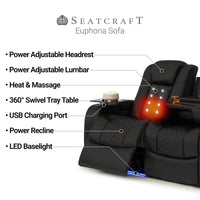 Seatcraft Euphoria Heat & Massage Sofa, Italian Leather, Powered Headrest, Powered Lumbar, Power Recline