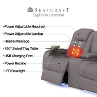 Seatcraft Euphoria Heat & Massage Loveseat, Italian Leather, Powered Headrest, Powered Lumbar, Power Recline