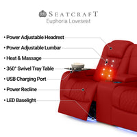 Seatcraft Euphoria Heat & Massage Loveseat, Italian Leather, Powered Headrest, Powered Lumbar, Power Recline
