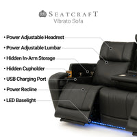 Seatcraft Vibrato SoundShaker Immersive Audio w/ Bluetooth Sync, Top Grain Leather Home Theater Sofa